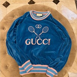 Authentic Gucci Women’s Blue Velour Sweater with Pink Trim